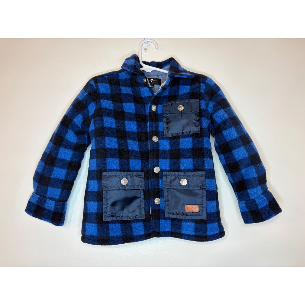 7 For All Mankind Boys Blue Black Buffalo Plaid Sherpa Lined Fleece Jacket 3T